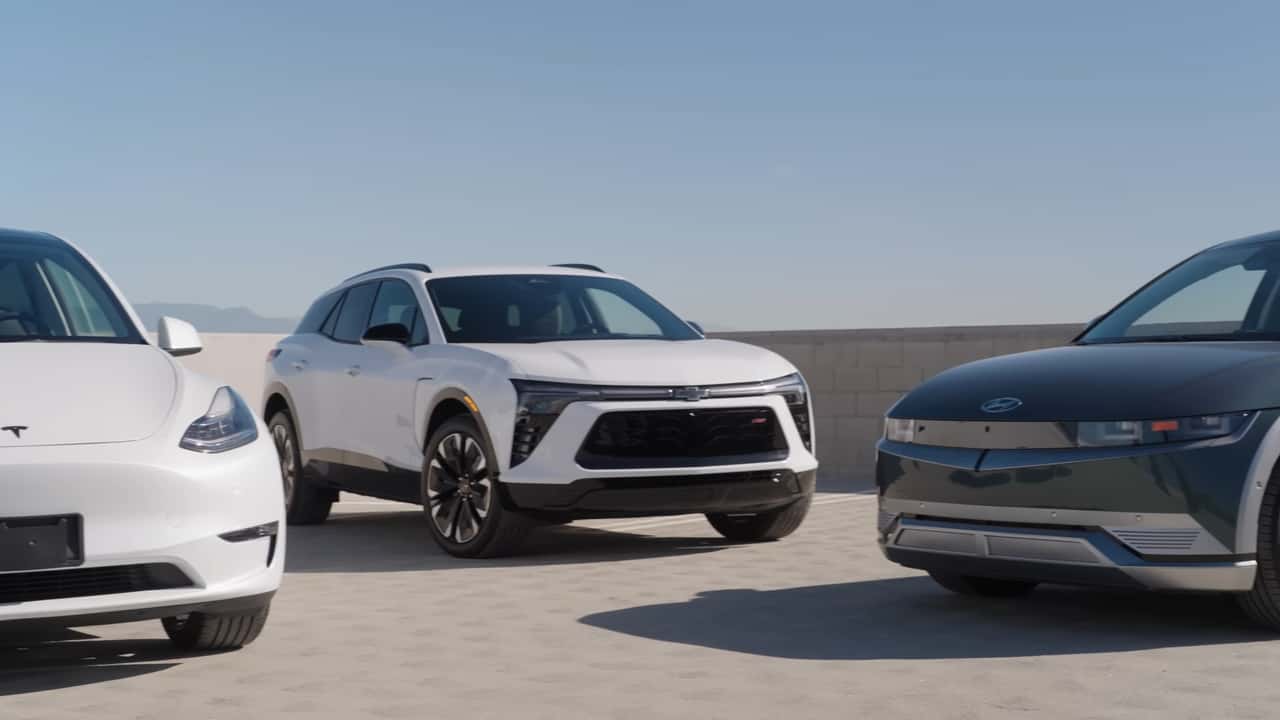 Chevrolet Blazer EV vs. Tesla Model Y vs. Hyundai Ioniq 5 (Source: Edmunds Cars / YouTube) Chevrolet Blazer EV vs. Tesla Model Y vs. Hyundai Ioniq 5 (Source: Edmunds Cars / YouTube) 